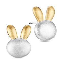 Mixed Color Cute Design 925 Sterling Silver Bunny Ear Studs, with 18K Gold Plated, Rabbit Head, Mixed Color, 11x9mm