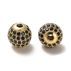Black 925 Sterling Silver Micro Pave Cubic Zirconia Beads, Round, Real 18K Gold Plated, Black, 10x9mm, Hole: 2.2mm