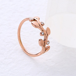 Розовое Золото Латунь со стразами перстни для женщин, лист, розовое золото , размер США 6 (16.5 мм)