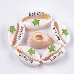 Yellow Green Printed Cowrie Shell Beads, No Hole/Undrilled, Sea Turtle & Believe Pattern, Yellow Green, 17~23x10.5~15x6~8mm
