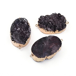 Gray Electroplated Natural & Dyed Druzy Quartz Links connectors, with Brass Findings, Oval, Golden, Gray, 42~58x28~34x8~15mm, Hole: 1.5mm