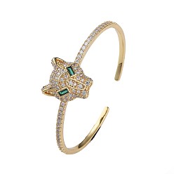 Green Cubic Zirconia Leopard Open Cuff Bangle, Real 18K Gold Plated Brass Jewelry for Women, Green, Inner Diameter: 2-1/4 inch(5.7cm)