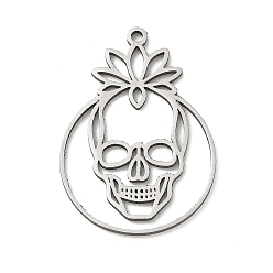 Color de Acero Inoxidable 201 colgantes de acero inoxidable, Calavera con amuletos de loto, color acero inoxidable, 28x20x1 mm, agujero: 1.6 mm