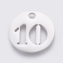 Number Не тускнеющие 304 подвески из нержавеющей стали, отрезать, полый, плоские круглые с номером, цвет нержавеющей стали, кол. 10, 19x1.5 мм, отверстие : 2.5 мм