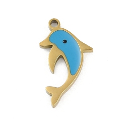 Темно-Голубой 304 нержавеющей стальной эмали подвески, прелести дельфинов, реальный 18 k позолоченный, ионное покрытие (ip), глубокое синее небо, 17x10x1.4 мм, отверстие : 1.2 мм