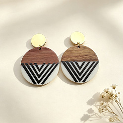 Coconut Brown Alloy Resin Stud Earrings, Flat Round, Resin & Wood Dangle Earrings for Women, Golden, Coconut Brown, 51x35mm