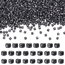 Black 1300Pcs Opaque Horizontal Hole Acrylic Beads, Mixed Letters, Cube, Black, 5x5x5mm, Hole: 2mm