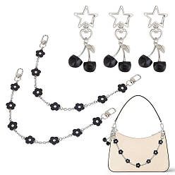 Black 2Pcs Flower Alloy Enamel Bag Decorative Chains, with 3Pcs Cherry & Star Alloy Resin Pendant Decorations, Platinum, Black, 64~350mm