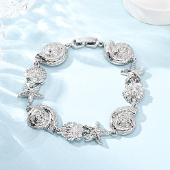 Платина Латунные браслеты с микропаве из прозрачных кубических цирконий для женщин, форма раковины и морская звезда, долговечный, стойки покрытие, без свинца и без кадмия, платина, 7-1/2 дюйм (19.2 см)