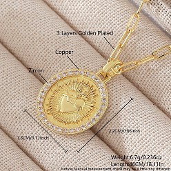 Золотой Подвеска в виде священного сердца Иисуса из латуни с микропаве из прозрачных кубических цирконий, плоская круглая, цепочка-скрепка для женщин., золотые, 18.11 дюйм (46 см), Кулон : 22x18 мм