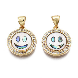 Real 16K Gold Plated Brass Micro Pave Clear Cubic Zirconia Pendants, with Shell, Nickel Free, Flat Round with Smiling Face, Real 16K Gold Plated, 15.5x14x3mm, Hole: 3.5x4mm