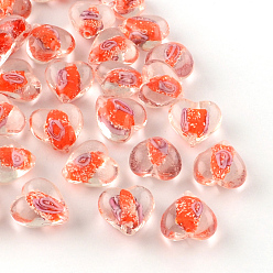 Темно-Оранжевый Ручной светящихся внутренний цветок Lampwork бисер, сердце, темно-оранжевый, 15~16x15~16x9~10 мм, отверстие : 1~2 мм