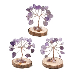 Amethyst Natural Amethyst Chips Tree of Life Decorations, with Wooden Base & Copper Wire, Feng Shui Energy Stone Gift for Home Desktop Decoration, 31~32x29~33x33~50mm
