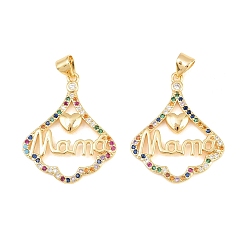 Real 18K Gold Plated Brass Micro Pave Cubic Zirconia Pendants, Cadmium Free & Lead Free, Rack Plating, Long-Lasting Plated, Leaf with Word Mama Charms, Mother's Day, Real 18K Gold Plated, 29x23.5x3mm, Hole: 3x5mm