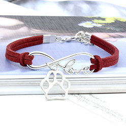 Темно-Красный Браслеты с подвесками в виде бесконечности, отпечатка лапы и слова «любовь» из сплава с замшевым шнуром, платина, темно-красный, 6-3/4 дюйм (17 см)
