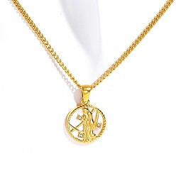 Дева Ионное покрытие (ip) нержавеющая сталь pave shell плоская круглая подвеска созвездие ожерелья скрученная цепь, реальный 18 k позолоченный, Дева, 15.75 дюйм (40 см)