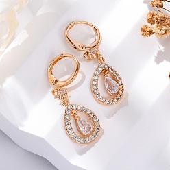 Champagne Gold Серьги с застежкой-защелкой из латуни с прозрачным фианитом и прозрачным фианитом, долговечный, стойки покрытие, без свинца и без кадмия, слеза, шампанское золото, 36.5x11 мм