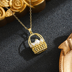 Real 18K Gold Plated Brass Pave Clear Cubic Zirconia Basket with Imitation Pearl Pendant 201 Stainless Steel Cable Chain Necklaces for Women, Ion Plating(IP), White, Real 18K Gold Plated, 15.75 inch(40cm)