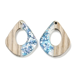 Темно-Голубой Деревянные подвески, смола и золотая фольга, слеза, глубокое синее небо, 32.5x27.5x4 мм, отверстие : 2 мм