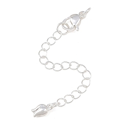 Silver Brass Curb Chain Extender, End Chains with Lobster Claw Clasps and Tulip Charms, Rack Plating, Lead Free & Cadmium Free, Long-Lasting Plated, Silver, 67mm, Flower: 7.5x4x2.5mm