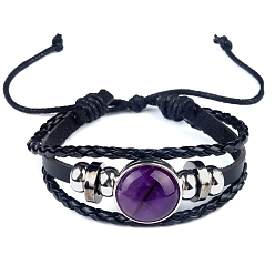 Аметист Многорядные браслеты из натурального аметиста с плоскими круглыми звеньями, плетеные трехслойные браслеты из искусственной кожи для мужчин и женщин, внутренний диаметр: 2-1/8~2-1/2 дюйм (5.5~6.5 см)
