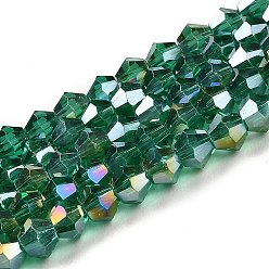 Teal Transparent Electroplate Glass Beads Strands, AB Color Plated, Faceted, Bicone, Teal, 4x4mm, Hole: 0.8mm, about 82~85pcs/strand, 12.01~12.2 inch(30.5~31cm)