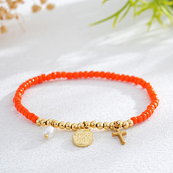 Темно-Оранжевый Регулируемые 304 из нержавеющей стали браслеты шарма, Браслеты из стеклянного бисера и латуни на эластичной основе для женщин, Крест и плоский круглый, с имитацией жемчуга, темно-оранжевый, 6.89 дюйм (17.5 см)