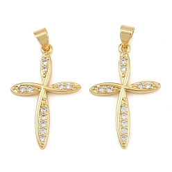Golden Brass Micro Pave Clear Cubic Zirconia Pendants, Cross Charms, Cadmium Free & Lead Free, Golden, 30x19.5x3mm, Hole: 5X3mm