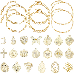 Light Gold Наборы браслетов своими руками, В комплект входят: 6 шт. 3 модели 304 браслеты из нержавеющей стали, 20 шт кольца прыжок железа, 19шт 19 стили подвески из сплава с гальванопокрытием, с кристально горный хрусталь, золотой свет, 15x10x3 мм, отверстие : 1.6 мм