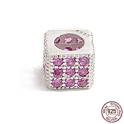 Ярко-Розовый 925 шарики стерлингового серебра, с кубического циркония, Реальная платина, кубические, ярко-розовый, 5x6x6 мм, отверстие : 3.5 мм