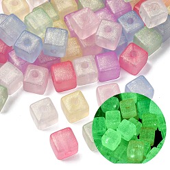 Cube Светящиеся непрозрачные акриловые бусины, разноцветные, с блеском порошок, светится в темноте, кубические, 8.5x9x9 мм, отверстие : 2 мм, Около 735 шт / 500 г