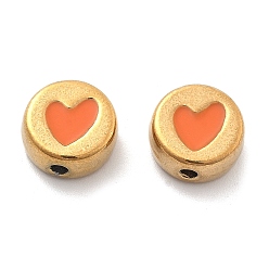 Легкий Лосось Ионное покрытие (ip) 304 шарики из нержавеющей стали, с эмалью, реальный 18 k позолоченный, плоско-круглые с сердцем, светлый померанцевый, 10x4.5 мм, отверстие : 1.6 мм