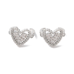 Platinum Hollow Heart Brass Micro Pave Cubic Zirconia Cuff Earrings for Women, Platinum, 12x9mm