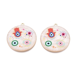 Разноцветный Печатные эмали подвески сплава, плоские круглые амулеты, амулеты в виде сглаза и руки Хамса., стойки покрытие, без кадмия и без свинца и без никеля, золотые, красочный, 39x36x2.5~3 мм, отверстие : 1.8 мм