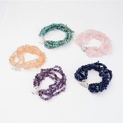 Mixed Stone Natural Gemstone Beaded Multi-Strand Bracelets, with Alloy Heart Toggle Clasps and Brass Findings, Silver Color Plated, 8-7/8 inch(225mm)