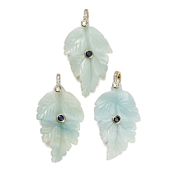 Flower Amazonite Natural Flower Amazonite Pendants, Leaf Charms, with Brass Pave Cubic Zirconia Findings, Golden, 39~40x24.5~26x5.5~7mm, Hole: 5.5x7mm