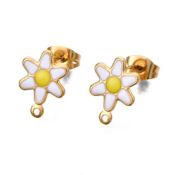 White 304 Stainless Steel Enamel Stud Earring Findings, with Loop and Ear Nuts/Earring Backs, Flower, White, 12.5x9mm, Hole: 1mm, Pin: 0.8mm