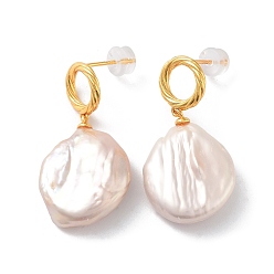 Real 18K Gold Plated Flat Round Natural Pearl Stud Earrings for Women, Sterling Silver Dangle Earrings, Real 18K Gold Plated, 31x16mm