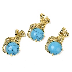 Синтетическая Бирюза Шар из синтетической бирюзы с латунными подвесками в форме леопарда, стойки покрытие, без кадмия и без свинца, долговечный, 35x22x6.5 мм, отверстие : 7x3.5 мм