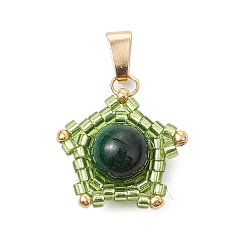 Зеленый Подвески в виде звезд из натурального тигрового глаза (окрашенного и нагретого) и стеклянных бусин ручной работы, с 304 защелкой из нержавеющей стали на поручнях, золотые, зелёные, 18x17x8 мм, отверстие : 6x2.8 мм