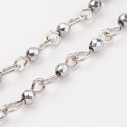Platinum Non-magnetic Synthetic Hematite Handmade Beaded Chains, Unwelded, with Iron Eye Pin, 39.37 inch, 1m/strand
