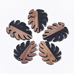 Black Resin & Walnut Wood Pendants, Tropical Leaf Charms, Monstera Leaf, Black, 37.5x30x3~3.5mm, Hole: 2mm