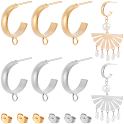Mixed Color 16Pcs 304 Stainless Steel Stud Earring Findings, C-Shaped, Half Hoop Earrings with Loop, Mixed Color, 19x4mm, Hole: 2.5mm, 8pcs/color, 2 colors