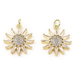 Lilac Rack Plating Brass Micro Pave Clear Cubic Zirconia Pendants, Cadmium Free & Lead Free, Real 16K Gold Plated, Sun, Lilac, 20x18x3.5mm