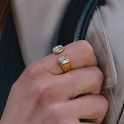 Rectangle 304 Открытые кольца-манжеты из нержавеющей стали с инкрустацией кубическим цирконием для женщин, золотые, прямоугольные, размер США 5 1/4 (15.9 мм)