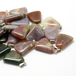 Indian Agate Trapezoid Natural Indian Agate Pendants, with Platinum Tone Brass Findings, 24~25.5x16.5~17x5~6mm, Hole: 2x7mm