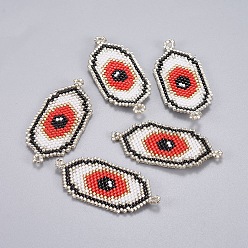 Red Handmade Japanese Seed Beads Links, with Japan Import Thread, Loom Pattern, Eye, Red, 50~51x22~23x2mm, Hole: 2mm