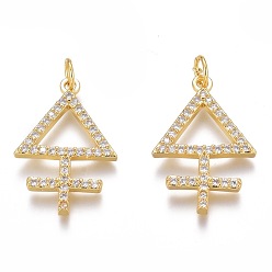 Golden Messing micro pave klare zirkonia anhänger, langlebig überzogen, mit Ringe springen, Dreieck mit Kreuz, golden, 23x16x2 mm, Bohrung: 3 mm, Sprungring: 5x1 mm