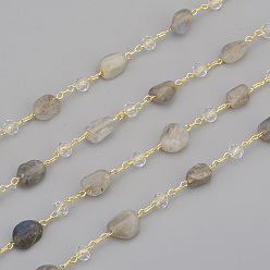 Labradorite Handmade Natural Labradorite Beaded Chains, with Rondelle Glass Beads and Brass Cable Chains, Long-Lasting Plated, Unwelded, with Spool, Nuggets, Golden, Link: 2.5x1x0.3mm, Gemstone Beads: 6~12x6~6.5x4~4.5mm, Glass Beads: 4x3mm, about 32.8 Feet(10m)/roll
