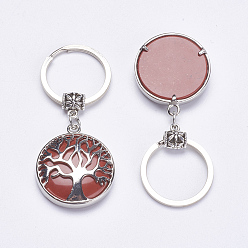 Red Jasper Natural Red Jasper Keychain, with Brass Finding, Flat Round with Tree of Life, 64mm